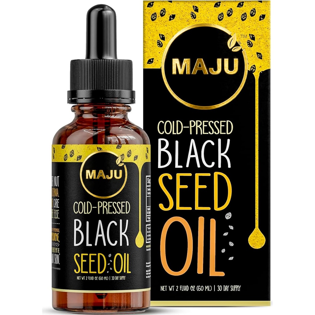 Maju Superfoods Svart frøolje - 3 ganger TQ, kaldpresset, reisestørrelse, 100% tyrkisk svart cuminfrøolje, flytende ren svartfrø, glassflaske, 2 Oz