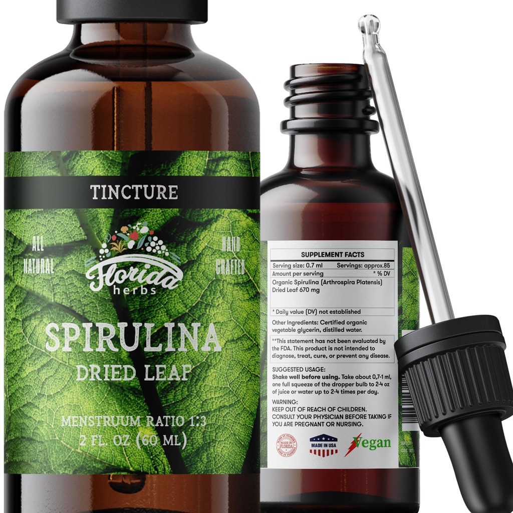 Spirulina Tinktur, Organisk Spirulina Extract (Artrospira Platensis) Herbal Supplement, Ikke-GMO i kaldtpresset organisk grønnsaker Glycerin, 700 mg, 2 oz (60 ml)