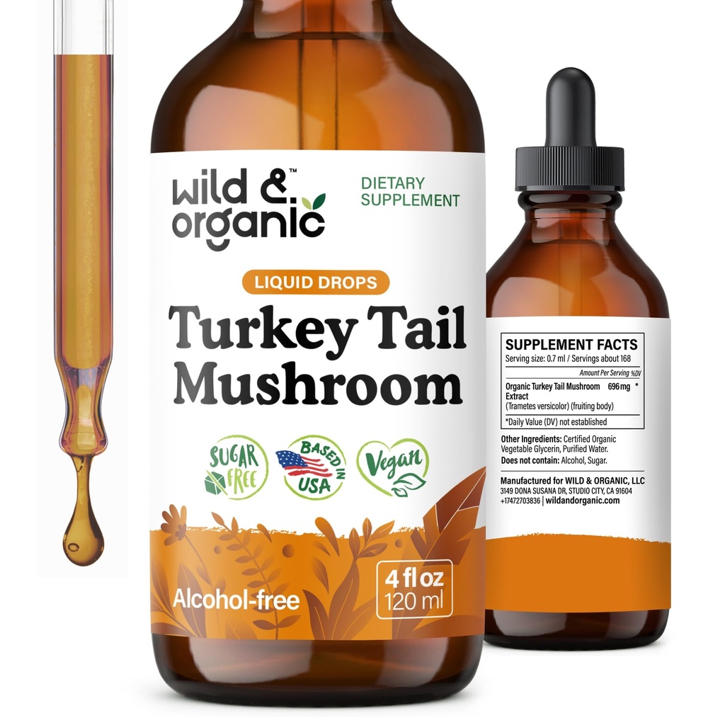 Wild & Organic Tyrkia Tail Mushroom Tinktur - immunstøtte faller med Tyrkia Tail Extract - Flytende Mushroom Supplement for Gut Support - Vegan, sukker og alkohol-fri - 4 fl oz