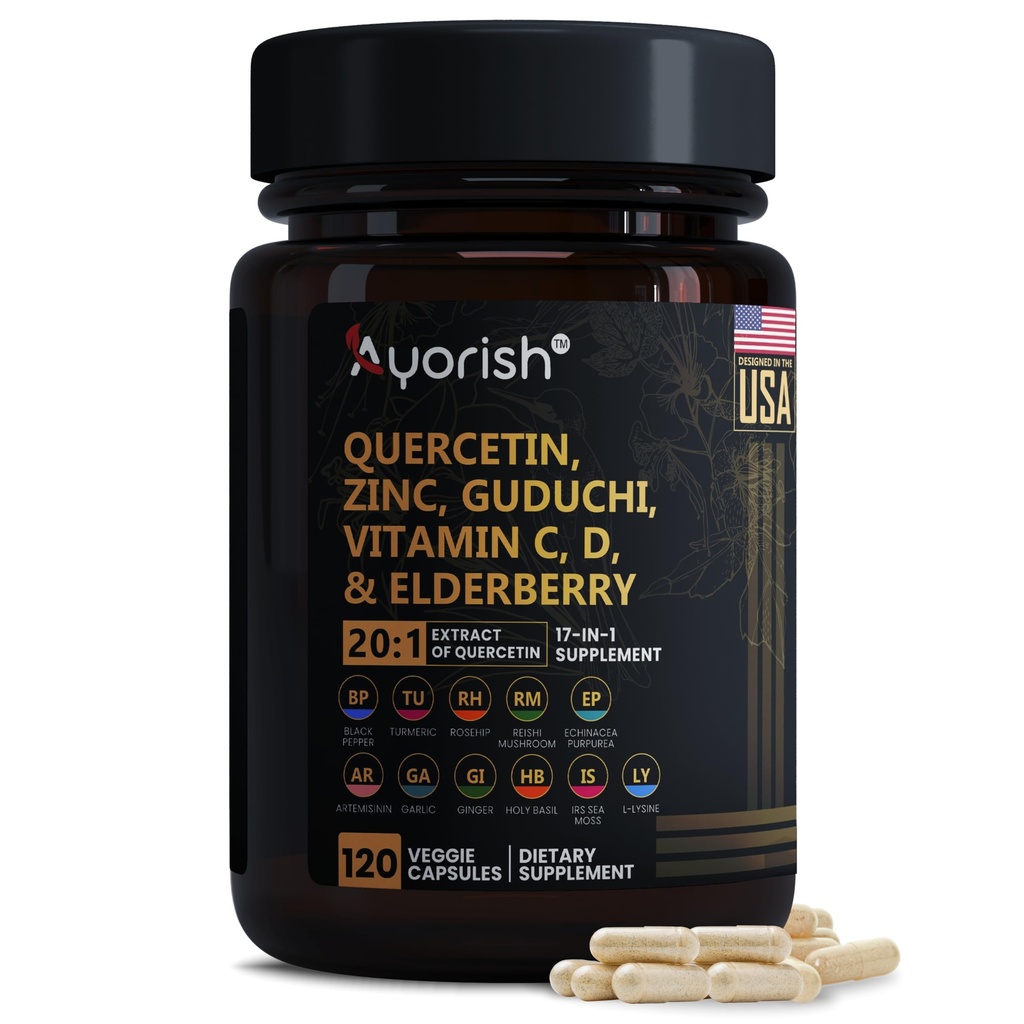 Quercetin Zink Vitamin C-vitamin D Bromelain Elderberry - Lunge immunstøtte Supplement voksne med Artemisinin, Hav Moss, Echinacea, Allergi Relief 120 Count