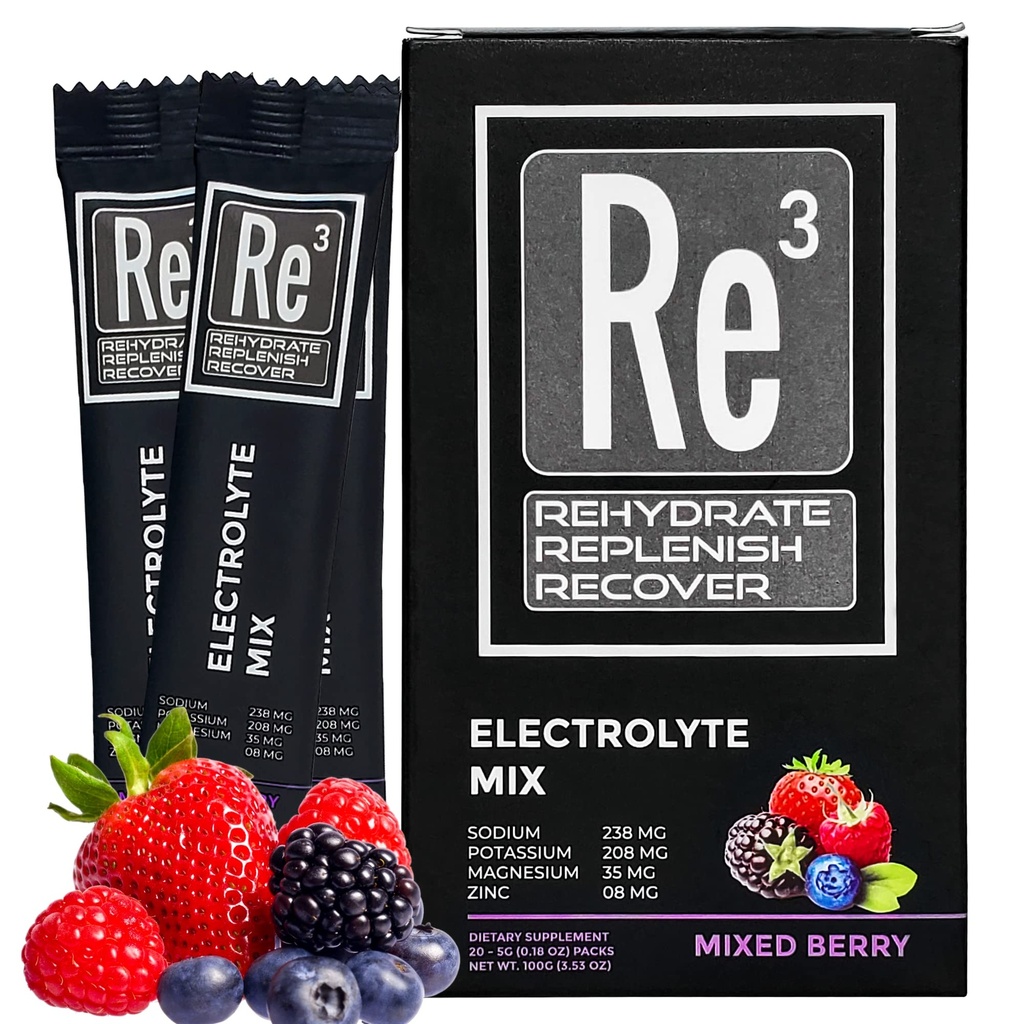 Re3 - Rehydrat - Replenish - Recover Electrolyte Powder Packets. Ingen sukker, 7 Cal, 1,4 karbohydrater. Den beste blandingen av vitaminer og mineraler (Mixed Berry)