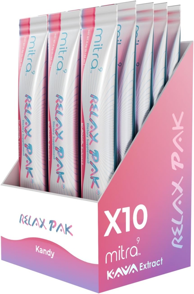 Mitra9 Kava pulver relaxPak - Kandy Kava ekstrakt pulver pakker | Mood Enhancer | Plant Basert | Fremmer naturlig ro og klarhet | Easy Open Single-Serving Stick (10)