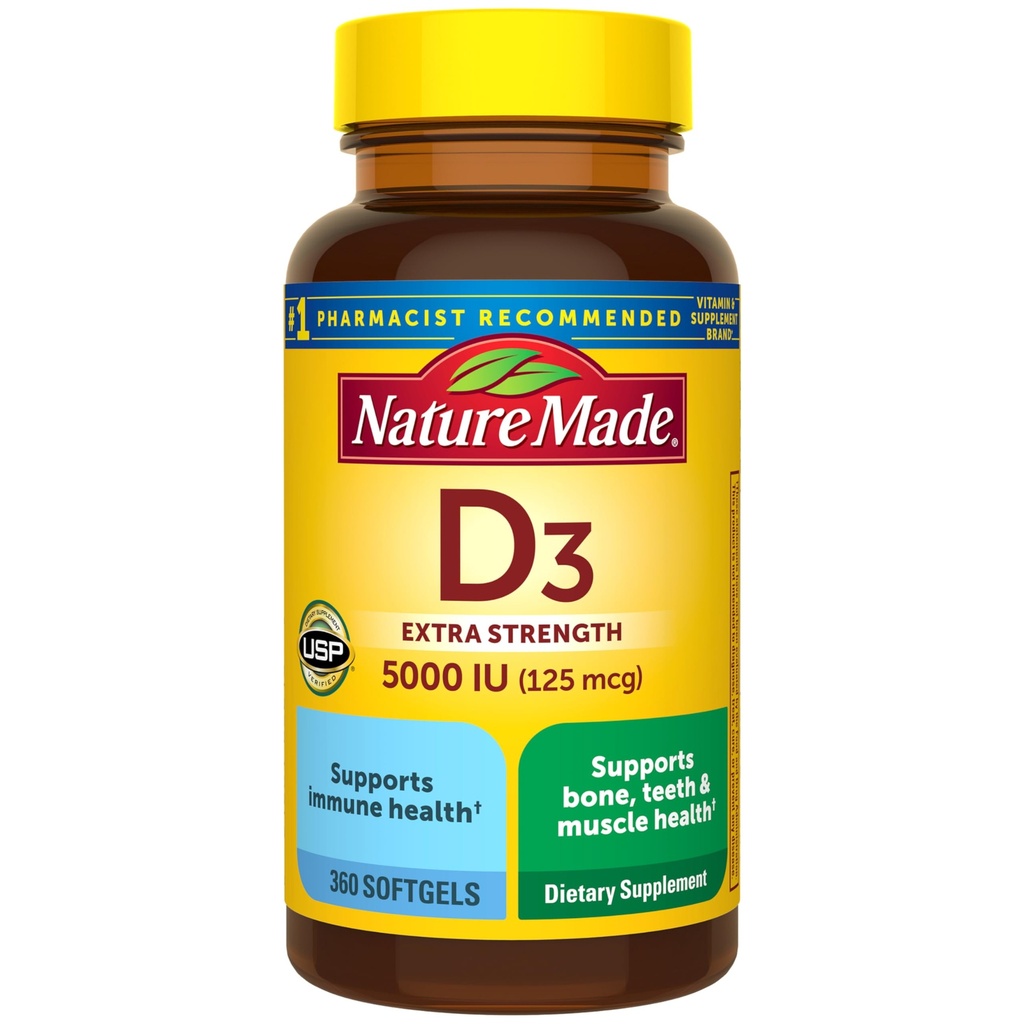 Naturlaget vitamin D3 5000 IU (125 mcg) Softgels, ekstra styrke vitamin D Supplement for bein og immun helse støtte, 360 tall, 360 dagers forsyning