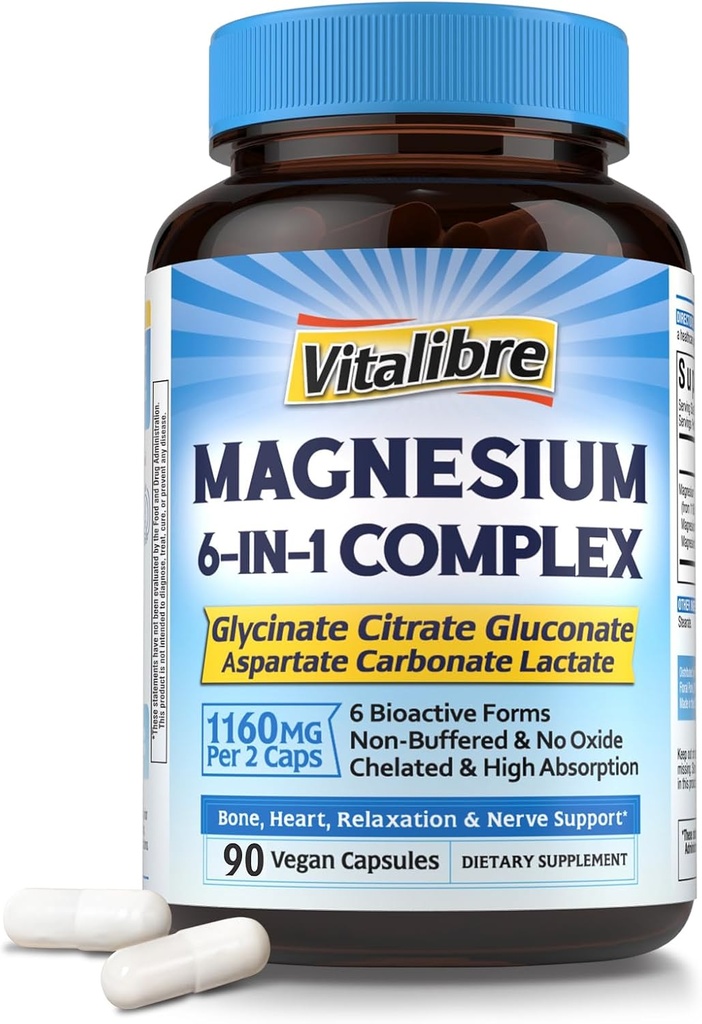 Magnesium Complex Supplement 6 i 1, 1160 mg Chelated Magnesium for Max Absorpsjon, Hjelp med bedre søvn, avslapping og nerve rolig, 90 vegansk kapsler, ikke GMO & Glutenfri
