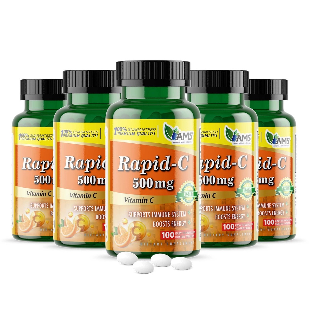 Amerika Medisin & vitenskap Rapid-C 500 mg vitamin C Supplement 500 tabletter (5 Pakke med 100 tabletter) Daglig immunsystem støtte, antioksidant | Vegan, ikke-GMO coated askorbinsyre for voksne menn og kvinner