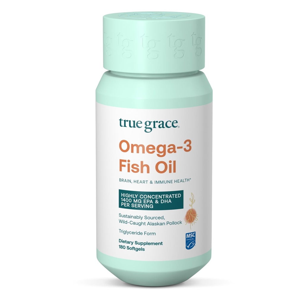 True Grace Omega-3 Fiskeolje - 180 Softgels - 1400 mg EPA + DHA - Hjerne, hjerte, felles og immun helse - organisk, glutenfri, soya gratis