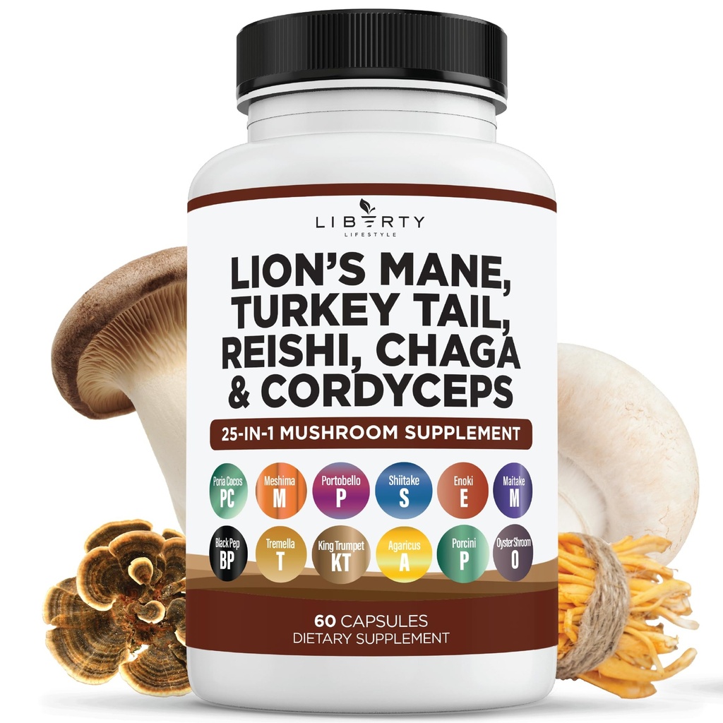 Lions Mane Mushroom Supplement med Tyrkia Tail Reishi Cordyceps Chaga med Marshmallow Root - 1-Pack