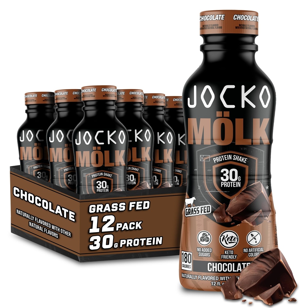 Jocko Mölk 30g Grass Fed Protein Shakes – Ingen ekstra sukkerprotein drikker KETO Vennlig - Klar til å drikke 12 FL Oz (pakke med 12) Sjokolade