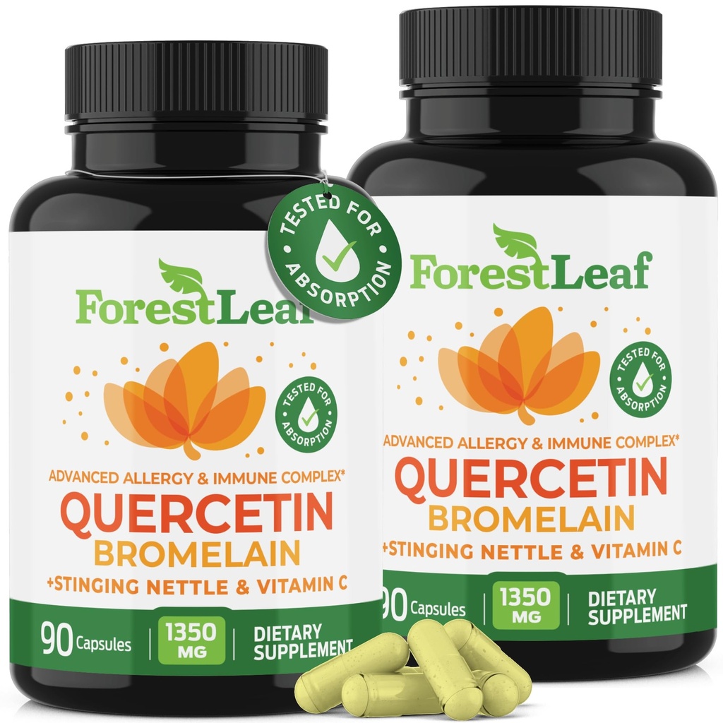 ForestLeaf Quercetin med Bromelain - 1350mg Blande med vitamin C & Stinging Nettle, Avansert Quercetin 500mg Supplement, Ikke-GMO Glutenfri, Naturlig immun- og pustefunksjon 180 Veggie Kapsler