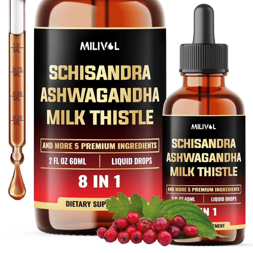 8in1 Schisandra Berry Drops med melk Thistle, Ashwagandha, Rhodiola Rosea, Holy Basil, Artichoke, Dandelion Root & Turmeric Curcumin - 2 Fl Oz for 2 måneders forsyning