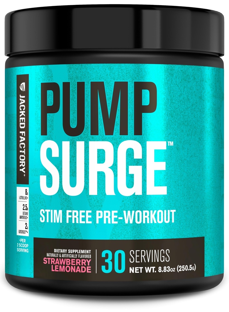 Jacked Factory Pumpsurge Koffein Gratis pre trening for menn og kvinner - Nootropic Booster & Stim Gratis Pre Trening - Intense Pumper, Forbedret fokus - 30 Serveringer, Strawberry Lemonade