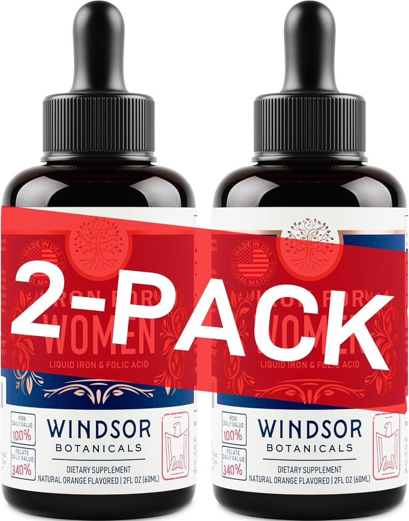 WINDSOR BOTANICALS Væske jern Supplement for kvinner 2-Pack - Folic Acid, Vitamin C, Vegan flytende jern Supplement for anemi, Menstruasjon, Graviditetsstøtte - Drops Orange Flavor - 2x2oz