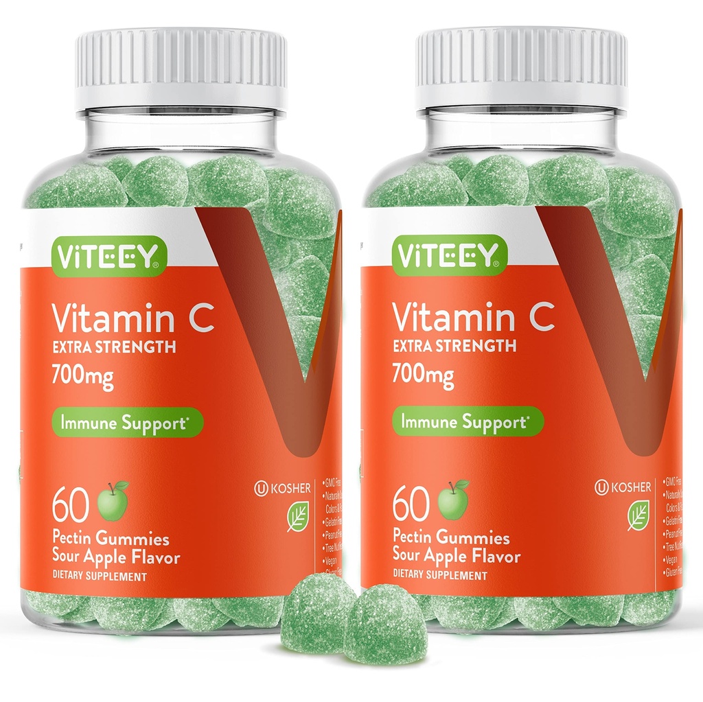 Viteey Chewable Vitamin C Gummies for voksne - 700mg Extra Styrke Immun støtte Supplement - Vegan, Glutenfri - 120 Count
