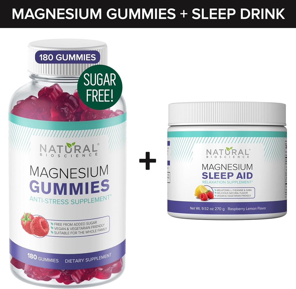 Sukkerfri magnesiumgulme (180 gummier) og magnesium natt pulver med magnesium Citrat, Melatonin, L-theanin og GABA - Vegan, Gelatin-fri, Glutenfri, Ikke-GMO