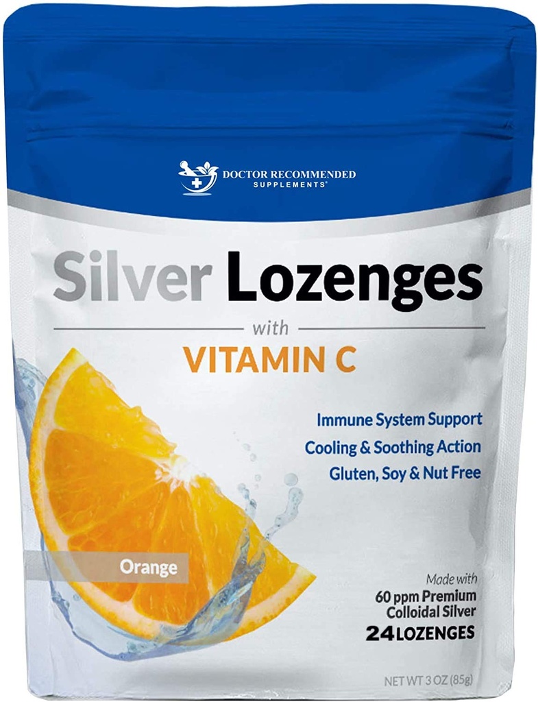 Sølv Lozenges med vitamin C - Premium Nano Silver 60 PPM Colloidal sølv, økologisk honning og vitamin C Mineral Supplement dropper for å støtte immunsystem, Soothe Cough & Throat - 24 Orange Lozenges