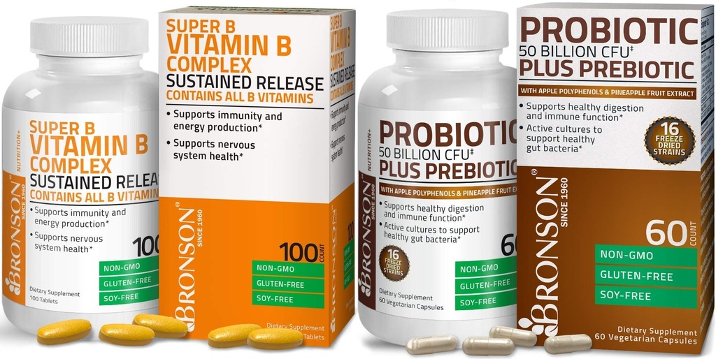 Bronson Probiotic 50 milliarder CFU + Prebiotic med Apple Polyphenoler & Pineapple Fruit Extract + Vitamin B Complex