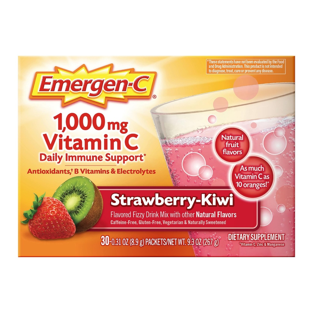 Emergen-C 1000mg vitamin C Immune Support Powder Strawberry Kiwi 30CT inkluderer sink, manganesisk, 7 B vitaminer og elektrolyter for Tilbake til skolen Essentials