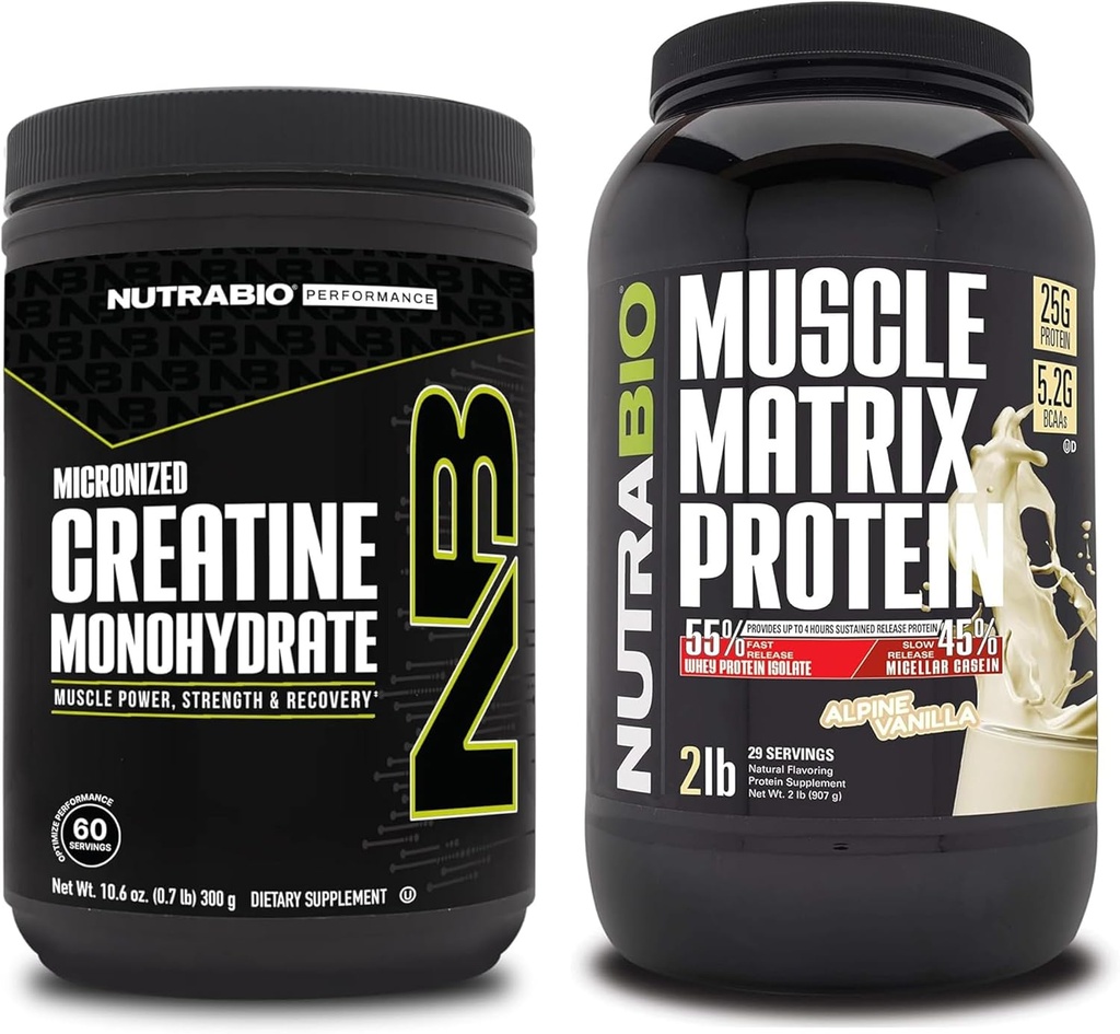 NutraBio Kreatin Monohydrat, uflavorert, (300 g) og Muscle Matrix Protein pulver, (Vanilla) Supplement Bundle - Muscle Energy, Maksimal vekst, gjenoppretting og styrke