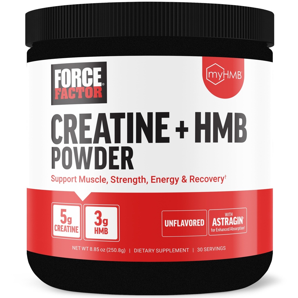 Force Factor Kreatin HMB pulver, 5g Kreatin Monohydrat + 3g myHMB for muskelvekst, styrke, energi og gjenoppretting, med AstraGin for forbedret absorpsjon, upåklagelig, 30 serveringer
