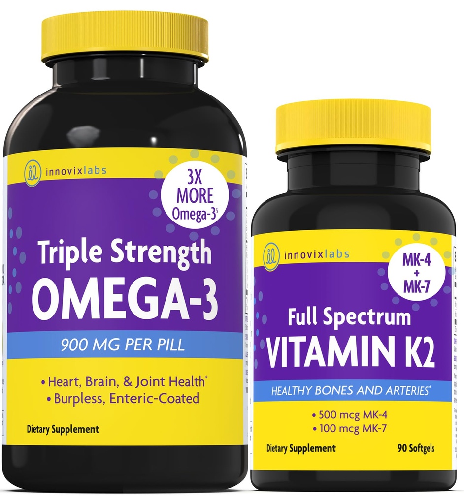 InnovixLabs Vitamin K2 & Triple Omega Bundle Full Spectrum Vitamin K2 (90 Softgels) Triple Styrke Omega-3 Fish Oil (200 Softgels). Støtter sunne bein, arterier og ledd. *