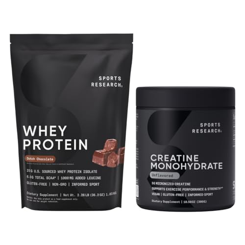 Sports Research® Kreatin Monohydrat (10,58 oz) og nederlandske sjokolade Whey Protein (2 lbs), Dynamisk Duo for Lean Muscle Building, forbedret ytelse og styrke og trening gjenoppretting