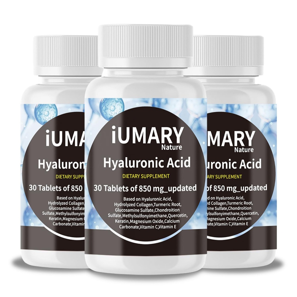 Hyaluronsyre kosttilskudd, 850 mg høy biotilgjengelig kosthold Hyaluronsyre - avansert felles støtte med hydrolysert collagen, gurkemeie, glu-kosamin, MSM, vitamin C - 30 tabletter (pakke av 3)