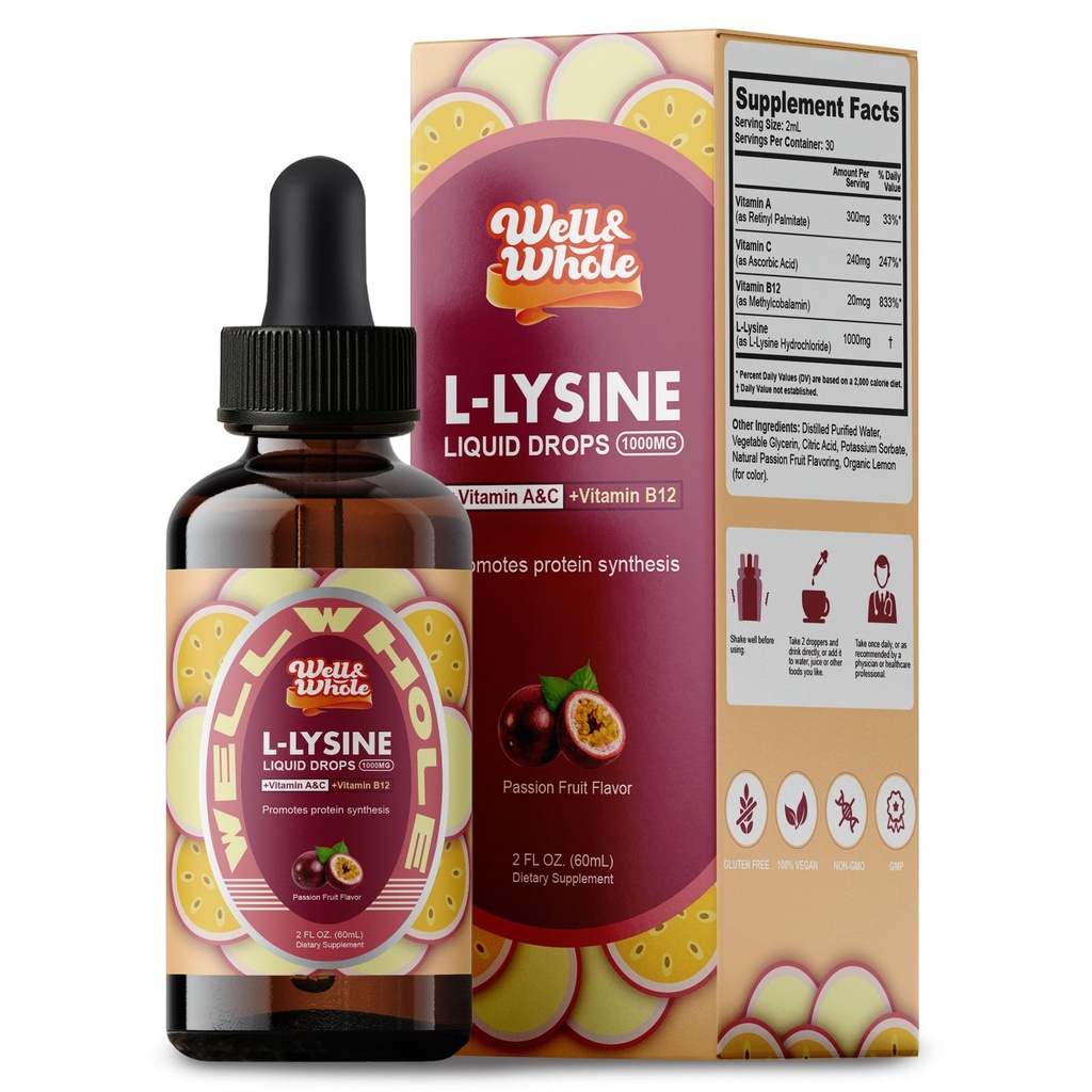 L-Lysine Supplement flytende dropper | L-Lysine 1000mg Tinktur med vitamin A, C og B12 for voksne og barn | Immun støtte, hud og lepper helse, kollagensyntese | Non-GMO, Vegan, 2 fl Oz (60 ML)