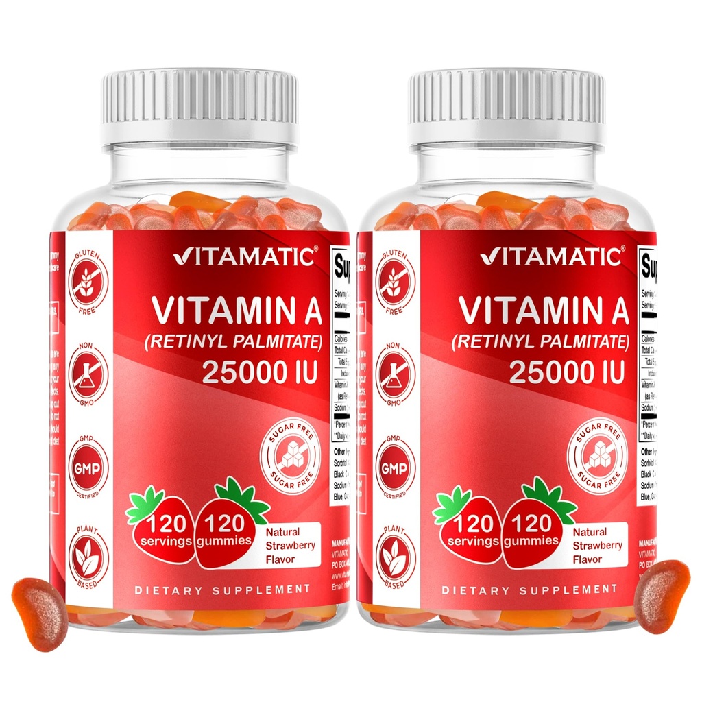 Vitamin A 25000 IU Gummies (retinylpalmitat) - Naturlig Strawberry Flavor - 120 Pectin Basert Gummies (2 flasker)