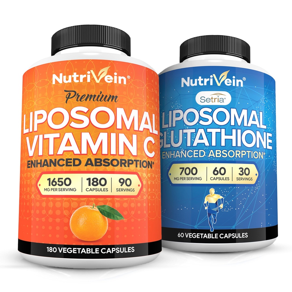 Nutrivein Premium Liposomal Vitamin C 1650mg & Liposomal Glutathione Bundle - høy absorpsjon askorbinsyre Plus Master Antioksidant & Liver Cleanse - Ikke-GMO, Vegan / vegetarian - 180 + 60 Kapsler