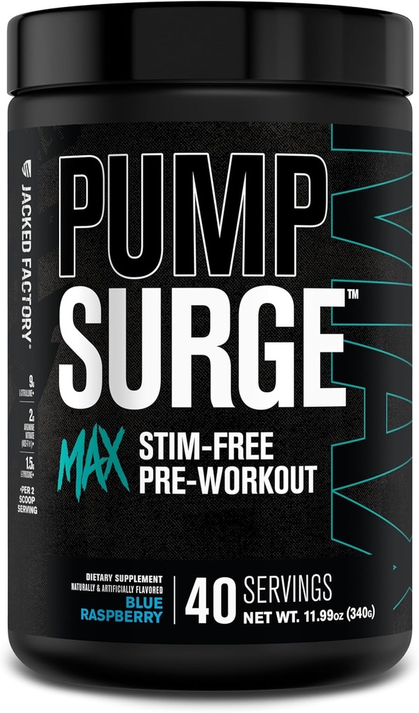 Jacked Factory Pumpsurge Max Stim gratis pre trening - høy-performance koffein gratis pre trening med L-Citrulline, N03-T Arginin nitrat & glutathione - 40 serveringer, blå bringebær