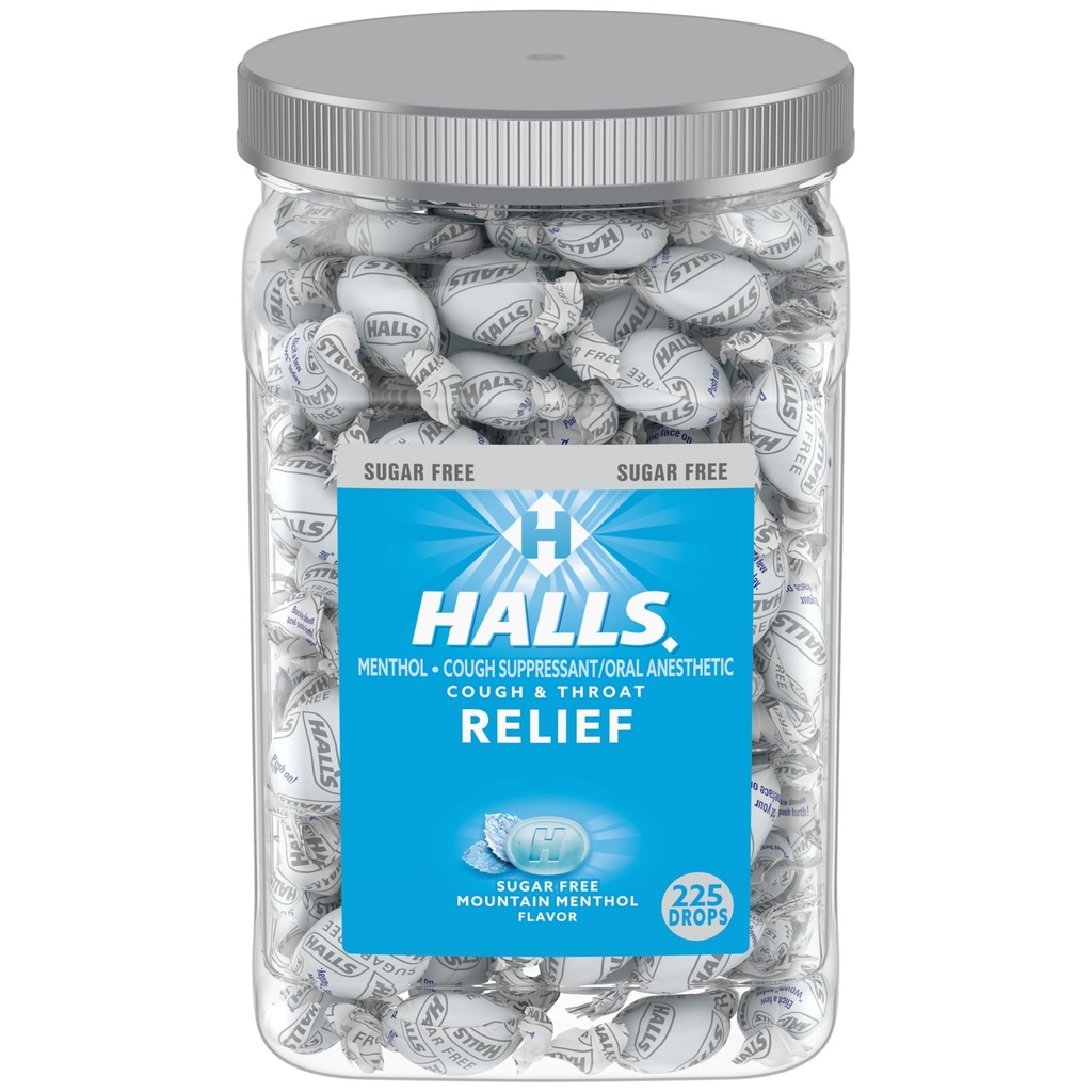 Halls Relief Mountain Menthol Sukker Free Cough Drops, Bulk Cough Drops, 225 Drops