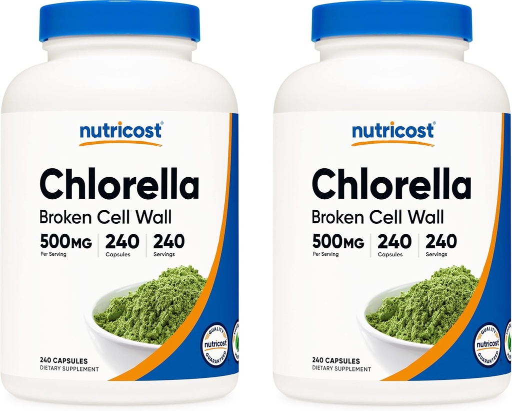 Nutricost klorella kapsler (2 flasker) 500mg, 240 kapsler per flaske