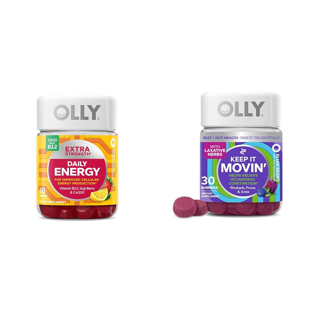 OLLY ekstra styrke daglig energi gummy med vitamin B12, CoQ10, Goji Berry, 60 greve og holde det bevegelig healing relief gummy med rhubarb, krukker, Amla, 30 greve
