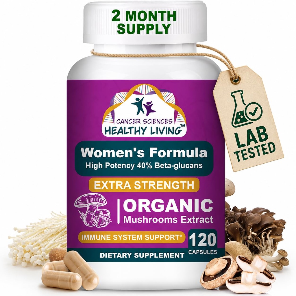 Cancer Sciences Økologisk multivitamin for kvinner - Mushroom Supplement ekstrakt - Hormonal & Immune Support Vitaminer - 1500mg Non-GMO Wellness Mushroom Complex med 40% Beta-Glucans, 120 Kapsler