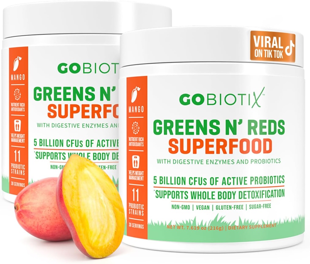 GOBIOTIX Super Greens og Reds Powder - Rød og grønn Superfood - Probiotiske Supplement - Digestive Enzymer og Beet Root Powder - Økologisk Hele Mat Kosttilskudd (Mango, 2 Pack)