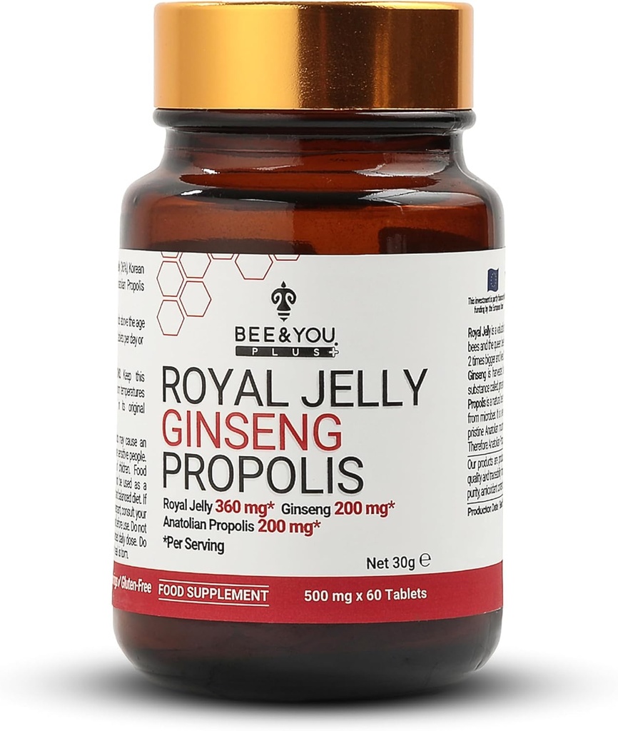 Bee and You Royal Jelly med Ginseng Tablet, Propolis Extract, 60ct, 100% naturlig supermat, Ultra ren, immun støtte Supplement, Antioksidanter, Keto, Paleo, Glutenfri