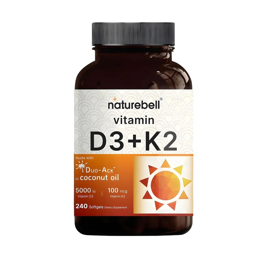 NatureBell Vitamin D3 5000 IU + K2 100 mg, 240 Softgels | Daglig 2-i-1 Formel med Jomfru Kokosolje | Bein, hjerte og immunstøtte | MK-7 Form | Ikke-GMO, Glutenfri