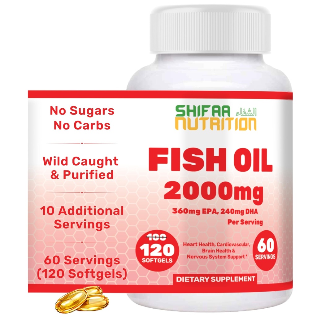 SHIFAA NUTRITION Halal Fish Oil 2000mg Softgels med 360mg EPA & 240mg DHA. 100 Wild Fanget & Ikke-GMO Omega 3 Softgels for hjerte og hjerne helse. Burpless, lett å la Fish Oil Omega 3 kosttilskudd