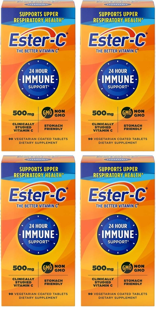 Ester-C 500 mg 24-timers vitamin C-tabletter for immunstøtte, vitamin C-tilskudd, 90-tall (pakke med 4)