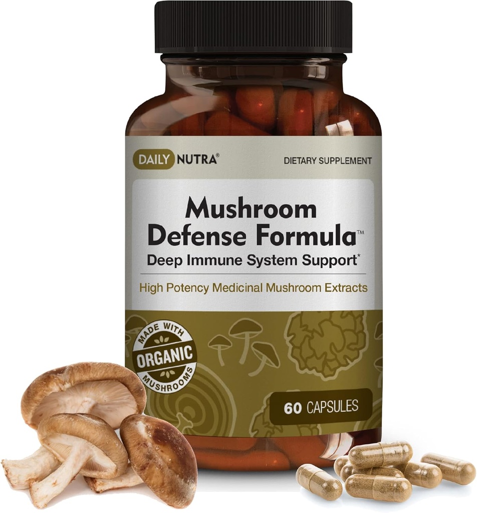 DailyNutra Mushroom Defense Formula - immunstøtte Supplement | Organic Mushrooms, Hot Water Extrahert - Reishi, Chaga, Maitake, Shiitake & Turkey Tail (60 kapsler)