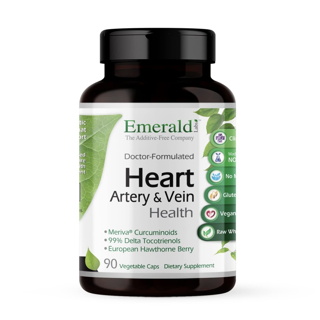 Emerald Labs Heart, Artery & Vein Helse - Heart Health Support with Hawthorn Berry, Meriva Turmeric, Vitamin K2 as Vital Delta MK-7 & Mer - Glutenfri - 90 Grønnsaker Kapsler (30-dagers Supply)
