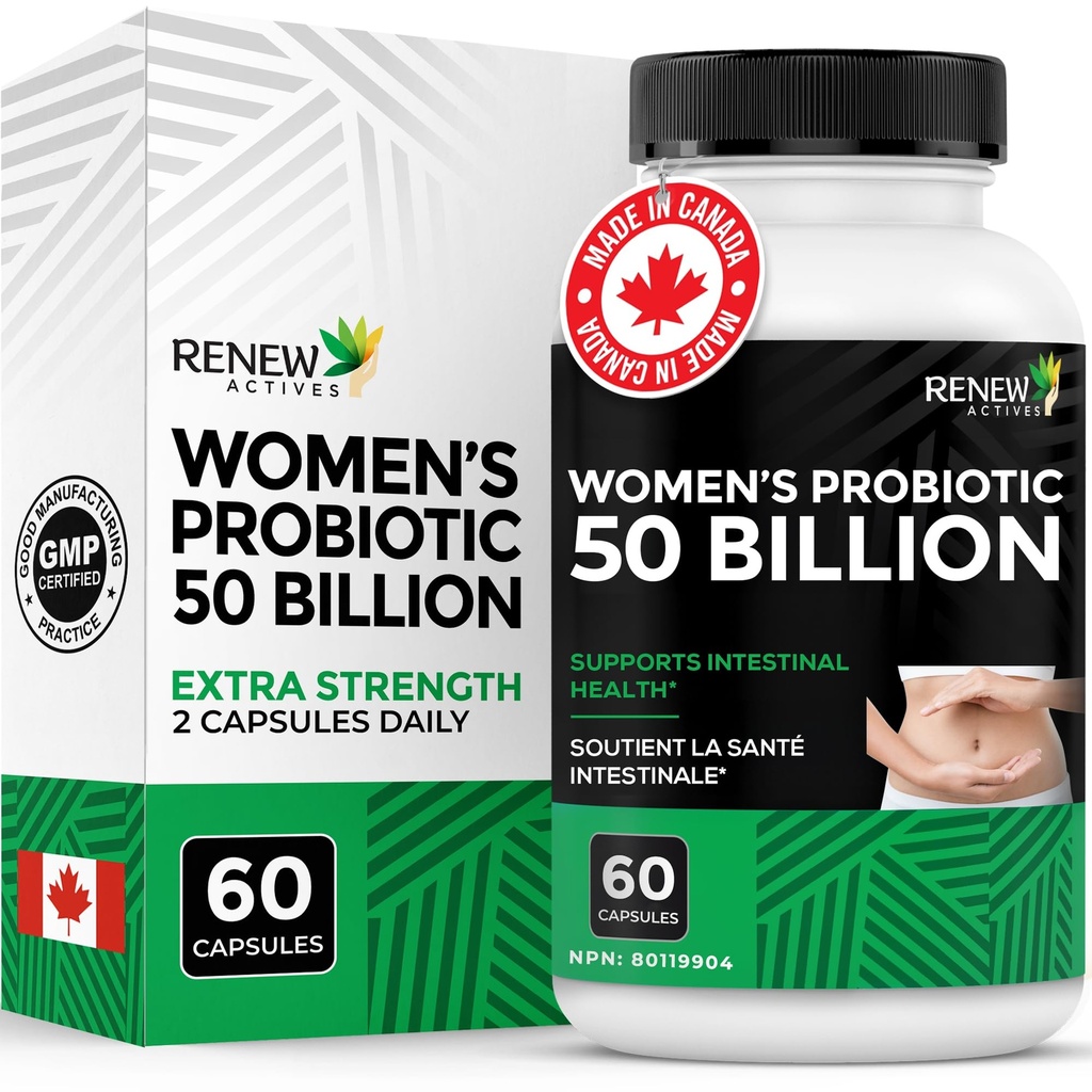 Probiotika for kvinner 50 milliarder CFU per 2 kapsler – MAKTREK-teknologi, 4 probiotiske strimler og prebiotiske blanding– støtter digestion helse & Gut Flora Balance– laget i Canada– 60 kapsler