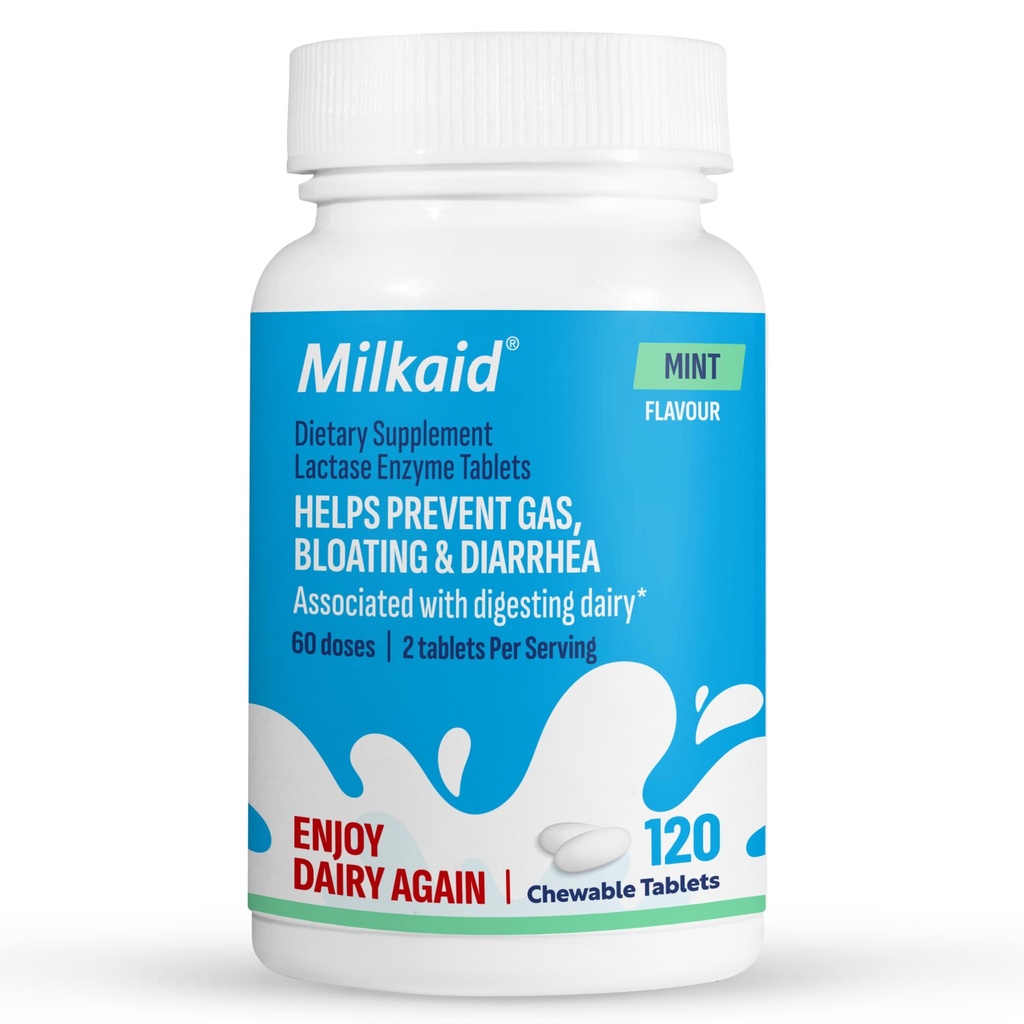 Melkeaid Lactase Enzyme Chewable Tabletter for Laktose Intolerance Relief | forhindrer gass, blooting & diarrea | Fastvirkende Dairy Digestive Supplement (120 tabletter, Mint)