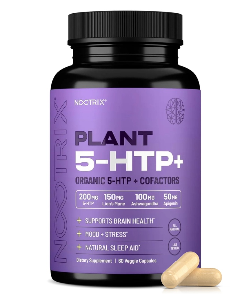 Nootrix Organic Plant 5 HTP+ Supplement | Støtter hukommelse, mental fokus, kognitiv helse og energi | fremmer sunn humør og hjernefunksjon | vitamin B6 & L teanin |60 kapsler
