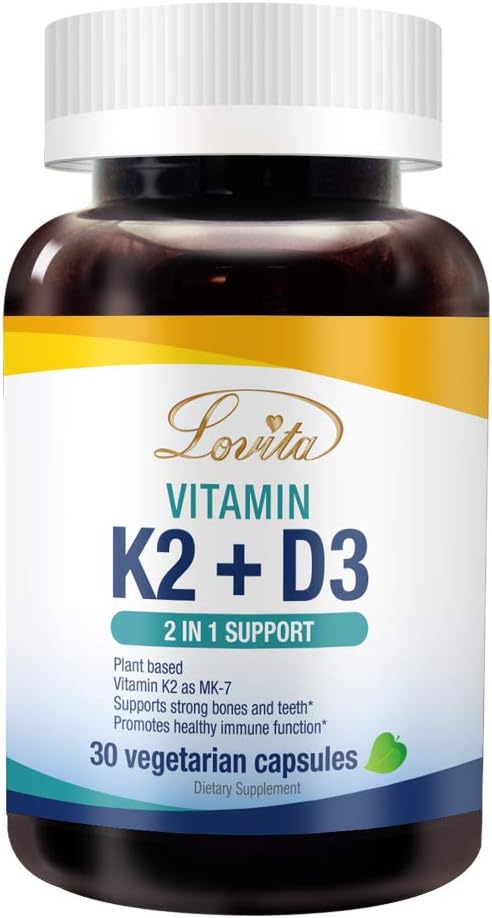 Lovita vitamin K2 + D3, 400 IE Vegansk vitamin D3 & 120 mikrog vitamin K2 (MK-7), 2 i 1 formel, immunvitamin kompleks, 30 vegetariske kapsler