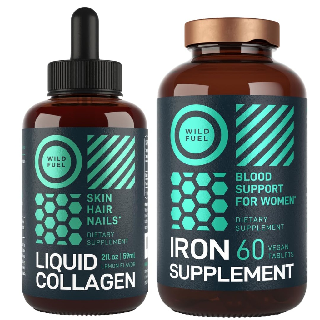 WILD FUEL Iron Supplement for kvinner med folsyre og flytende collagen peptider med Biotin Kvinne Helse og skjønnhet Bundle