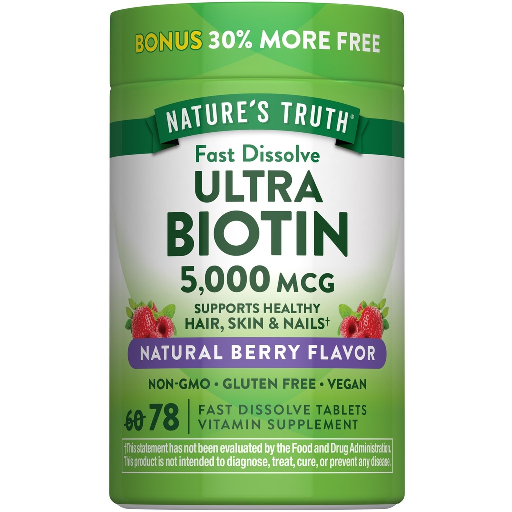 Naturens sannhet Biotin 5000mcg | 78 raske oppløsningstabletter | Naturlig Berry Flavor | Vegansk, ikke-GMO, Glutenfri