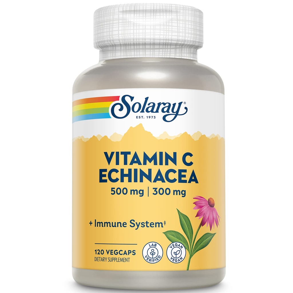 SOLARAY Vitamin C & Echinacea Root ® Sunn Immune System Support m / 500 mg VIT C & 300 mg Echinacea Per Kapsel ® Ikke-GMO & Vegan ® 120 Vegkapsler