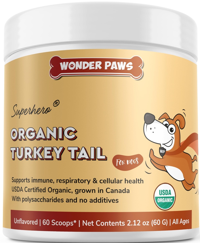 Wonder Paws Organic Turkey Tail Mushroom for hunder - Kraftig Tyrkia Tail for hunder Mushroom Powder for immunitet, andning, digestion og cellulære helse - med Beta Glucans & Polysacchariders- 2.12 oz