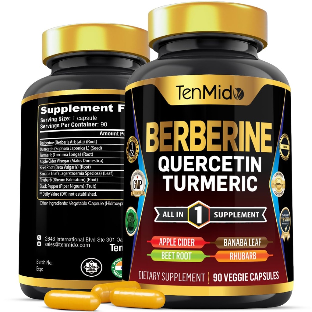 Berberine Supplement for menn og kvinner, 8in1 Formula med Quercetin, Turmeric, Apple Cider Vinegar, Beet Root & Mer - Digestiv, Immun Support - Rich i Nutrient - 90 Kapsler
